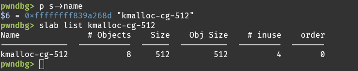 the pwndbg slab list kmalloc-cg-512 command